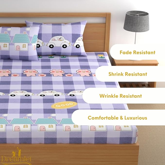 Dreamlet 180tc Cotton Feel All Around Elastic Fitted Bedsheets King Size for Double Bed With 2 Pillow Covers | Purple