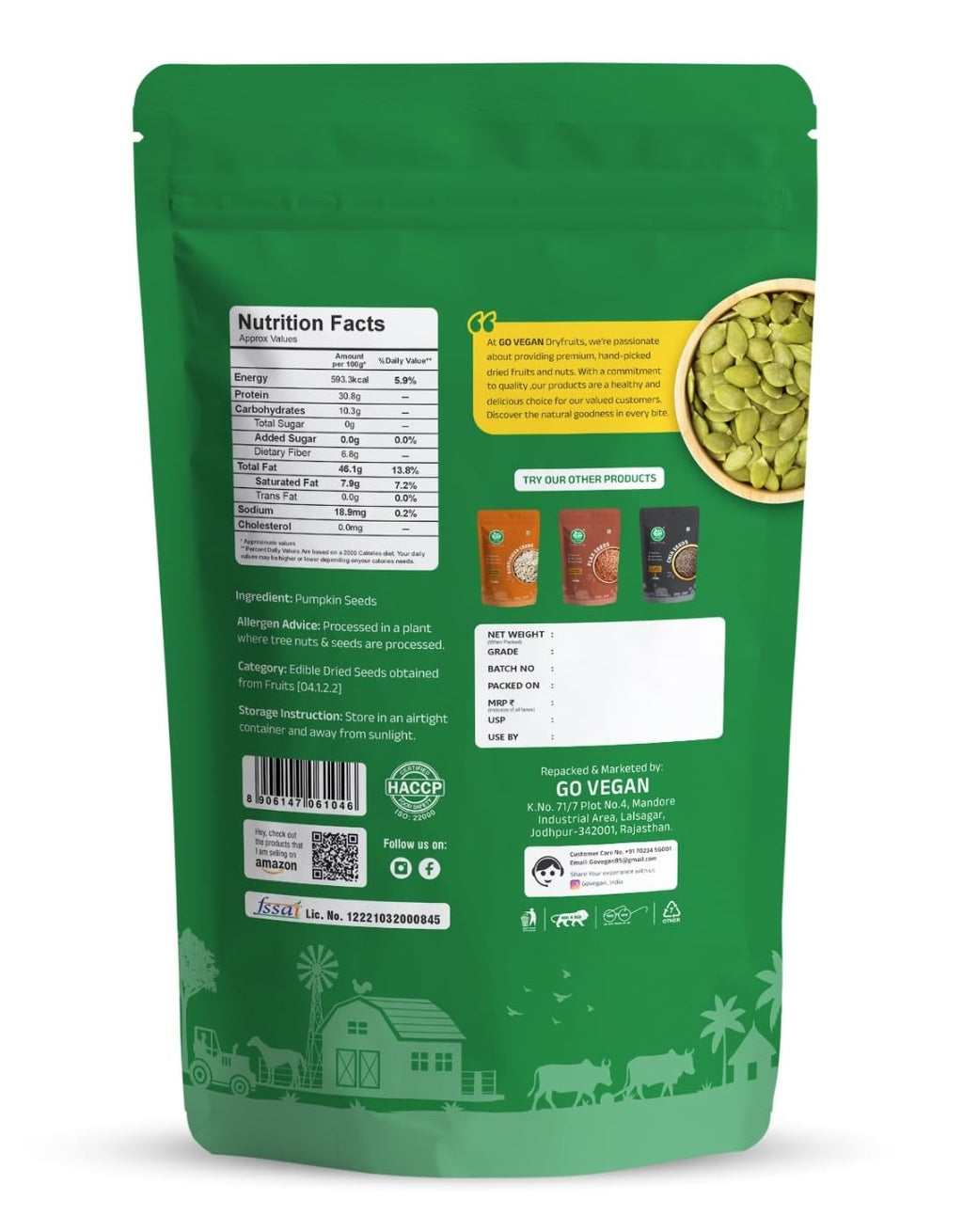 Go Vegan Pumpkin Seeds, 250g, Rich in Protein, Dietary Fibre, Magnesium & Phosphorus