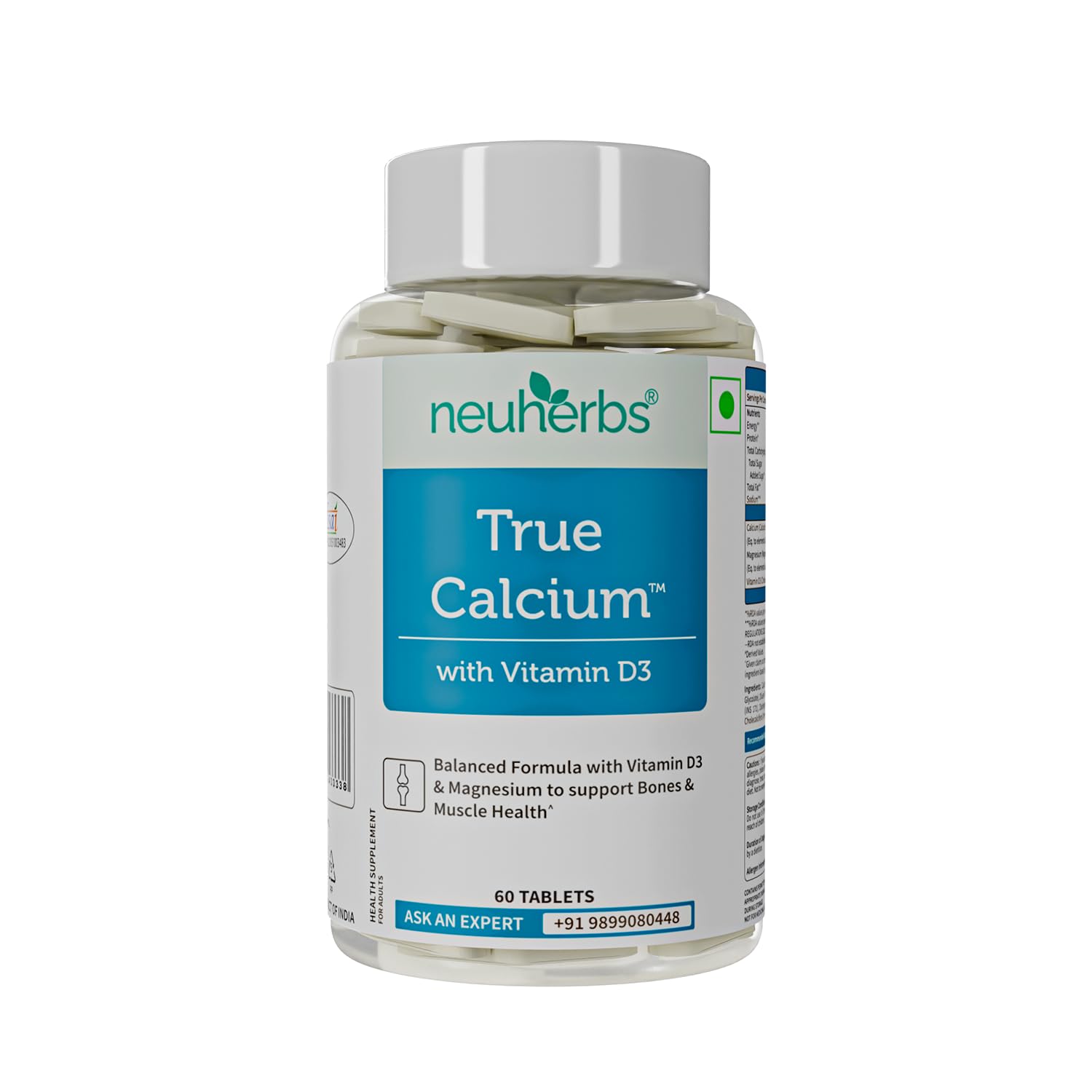 Neuherbs Calcium - 60 Tablets | True Calcium Supplement 1000mg For Men & Women | With Vitamin D3 & Magnesium | Support Bone, Joint & Muscle Health