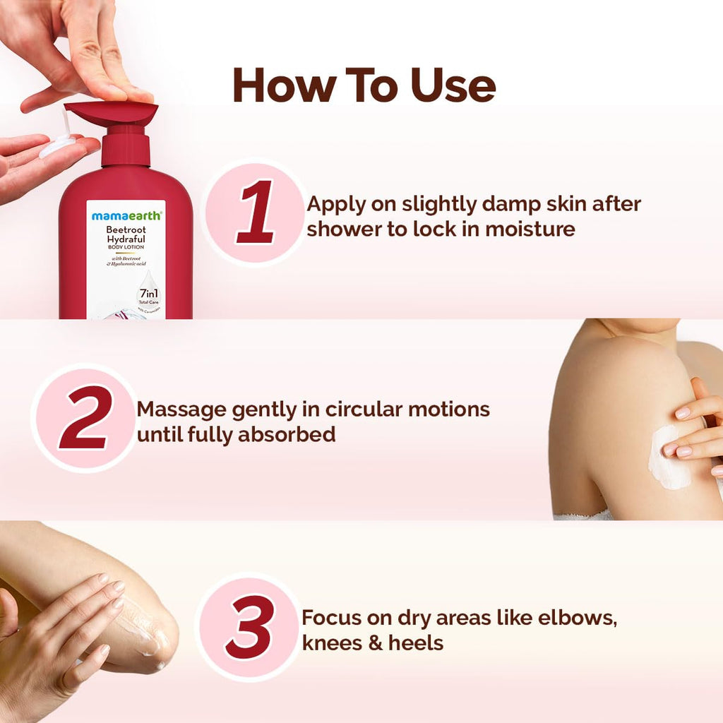Mamaearth Beetroot Hydraful Body Lotion with Beetroot & Hyaluronic Acid & for Natural Pink Glow - 400 ml Beetroot + Hyaluronic Acid for Deep Hydration | 48 hrs* Moisturization & Barrier Repair | Alcohol & Petrolatum free | Made Safe Approved