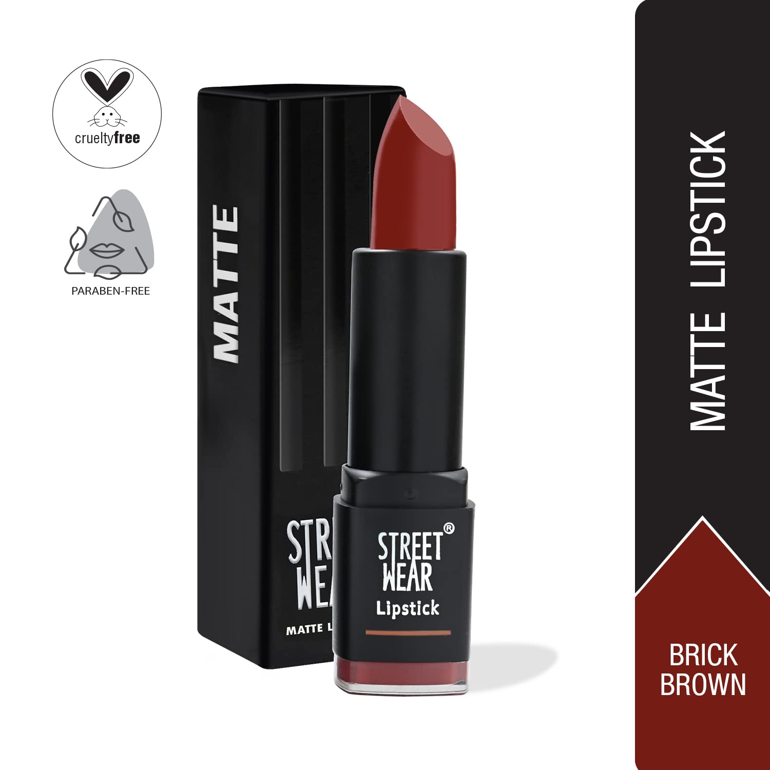 STREET WEAR Matte Lipstick -BRICK BROWN (Brown) - 4.2 gms -Longwear, Velvety texture, Fade-resistant, High Color payoff, Lightweight Matte Lipstick, Plant-based Canuuba wax, Paraben-free