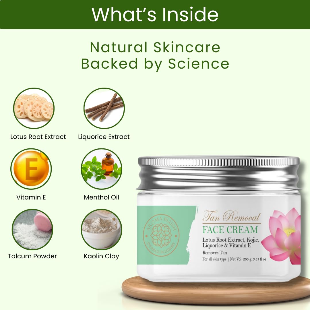 Aromablush - Tan Removal Face Cream | Liquorice, Lotus Root, Kojic Acid & Vitamin E | Tan Removal | Brightening & Hydrating | Even Tone | Anti-Aging | Dermatologist-Tested & Cruelty-Free | 200ml