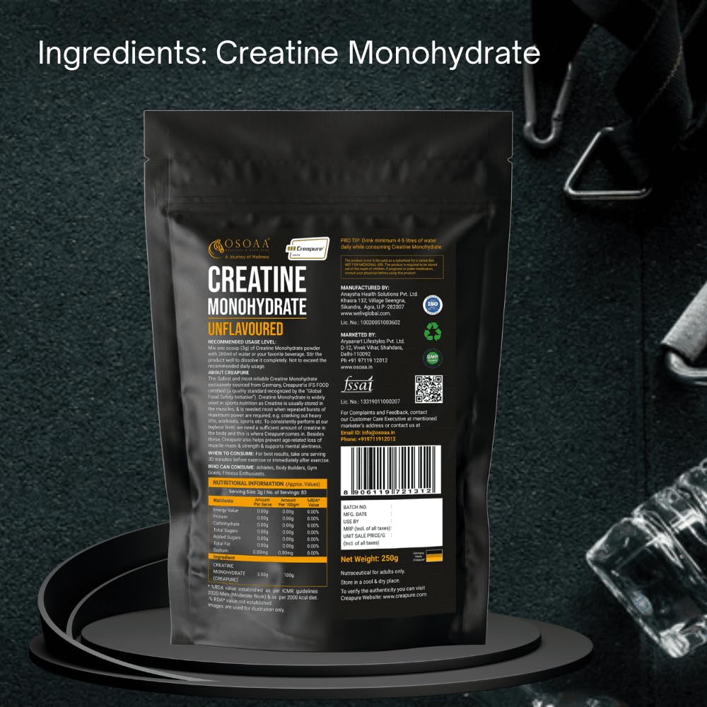 OSOAA 100% Creapure from Germany, Micronized Creatine Monohydrate Powder - 250g | 3g Creatine/Serving | Pre/Post Workout Supplement for Muscle Repair & Recovery | Supports Athletic Performance & Power