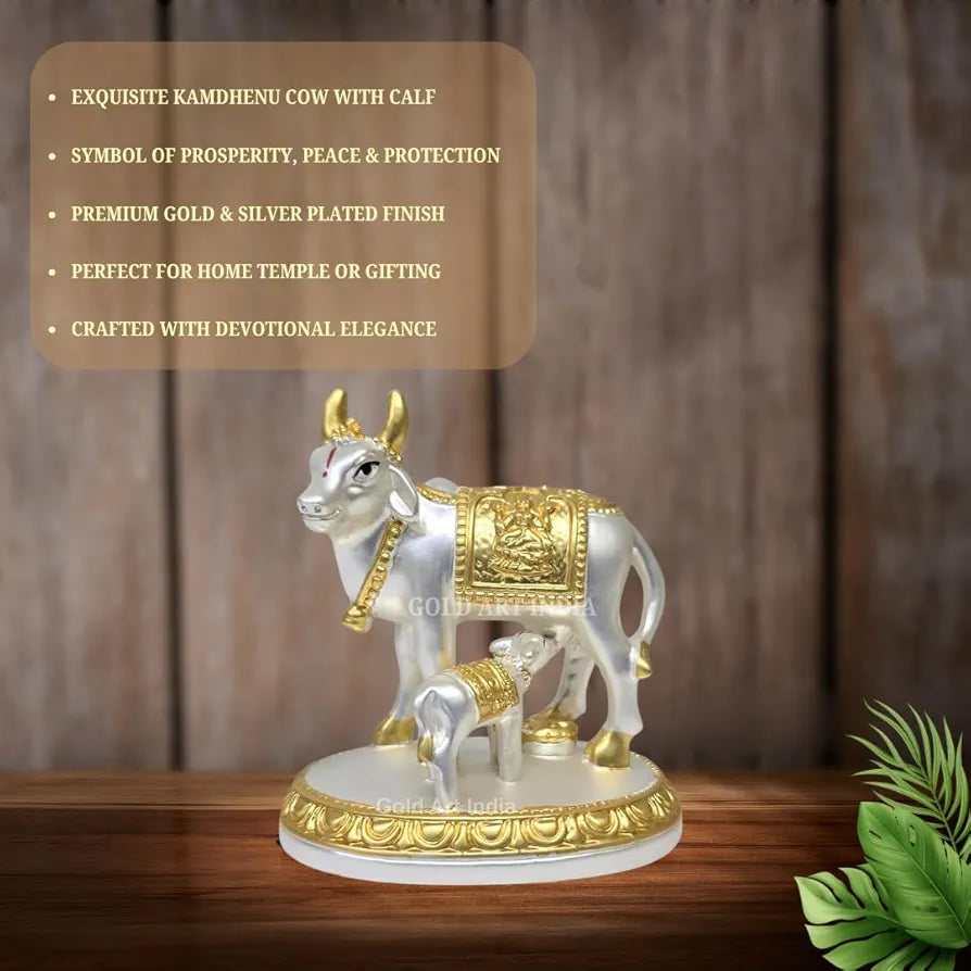Gold Art India Kamdhenu Cow with Calf Idol Gold Silver Plated with Matte Finish 3.1 Inch