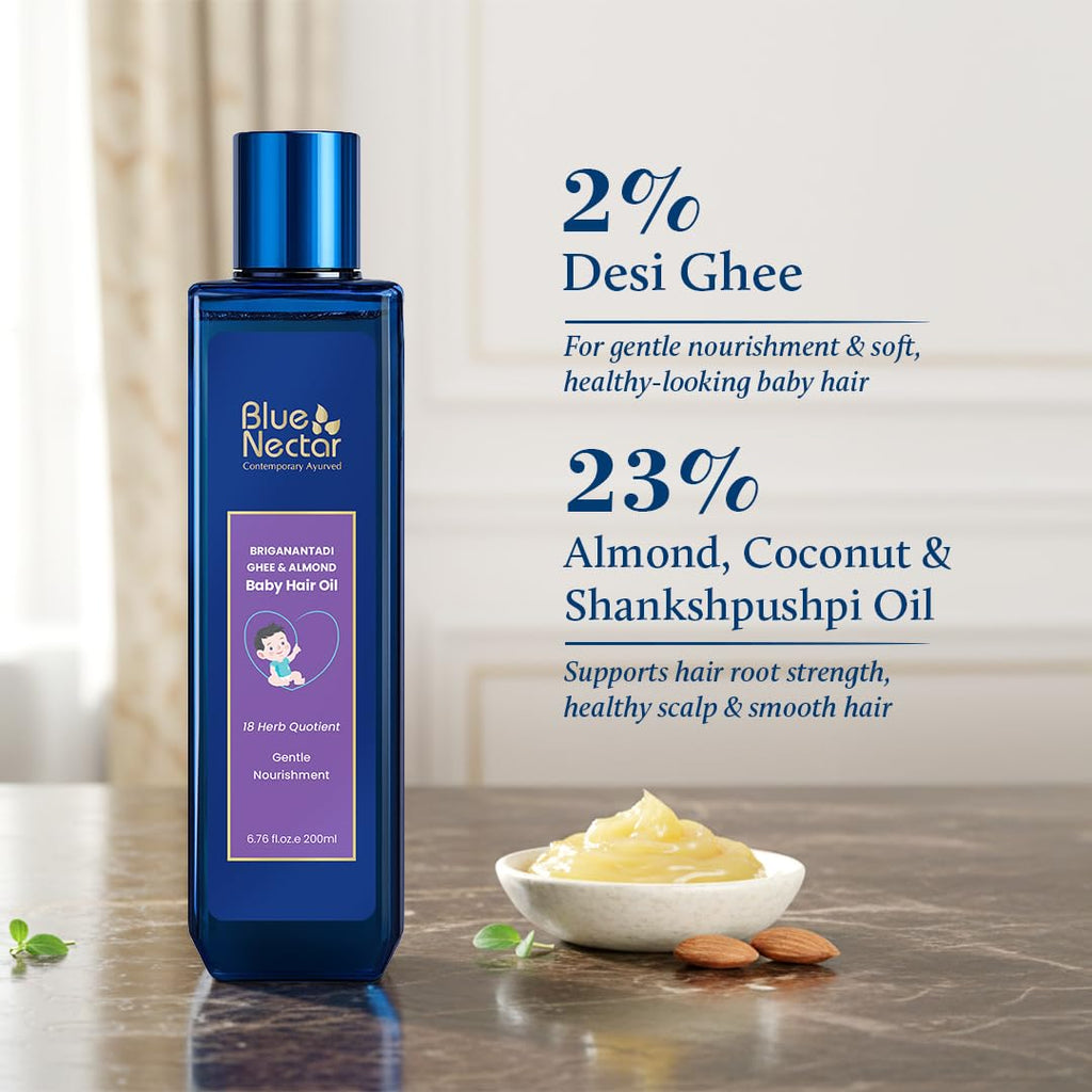 Blue Nectar Ayurvedic Baby Hair Oil with Ghee for Healthy Scalp. 100% Natural Baby Hair Growth Oil with Almond Oil and Olive Oil for Scalp Hydration and Nourishment (18 Herbs, 100 ml )