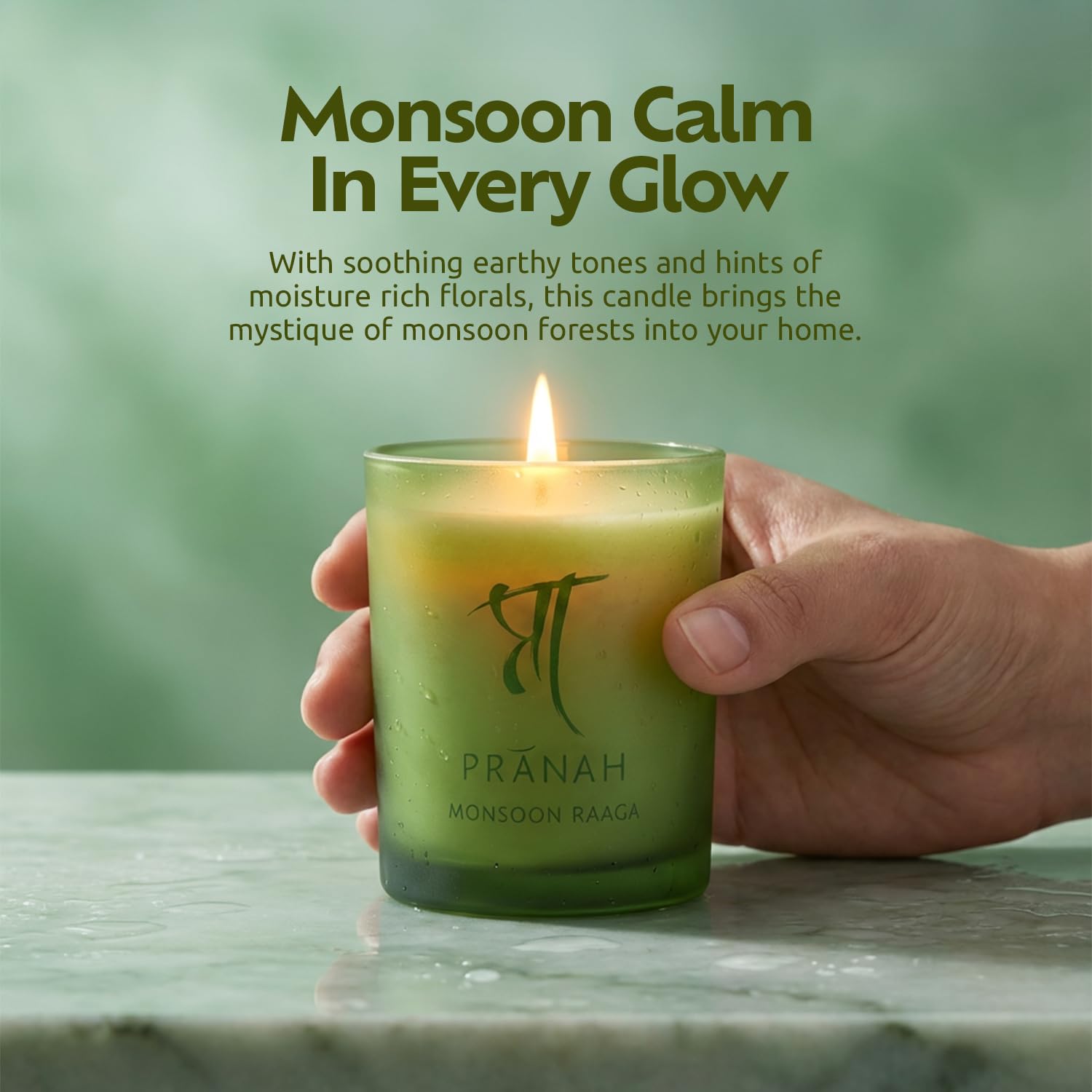 Pranah Monsoon Raaga Aromatherapy Scented Candle | 128g, 28 Hours Burn | Wet Earth & Woody White Floral Notes | Musky Patchouli Oil | Soy Wax, Vegan | Earthy & Sweet Calm