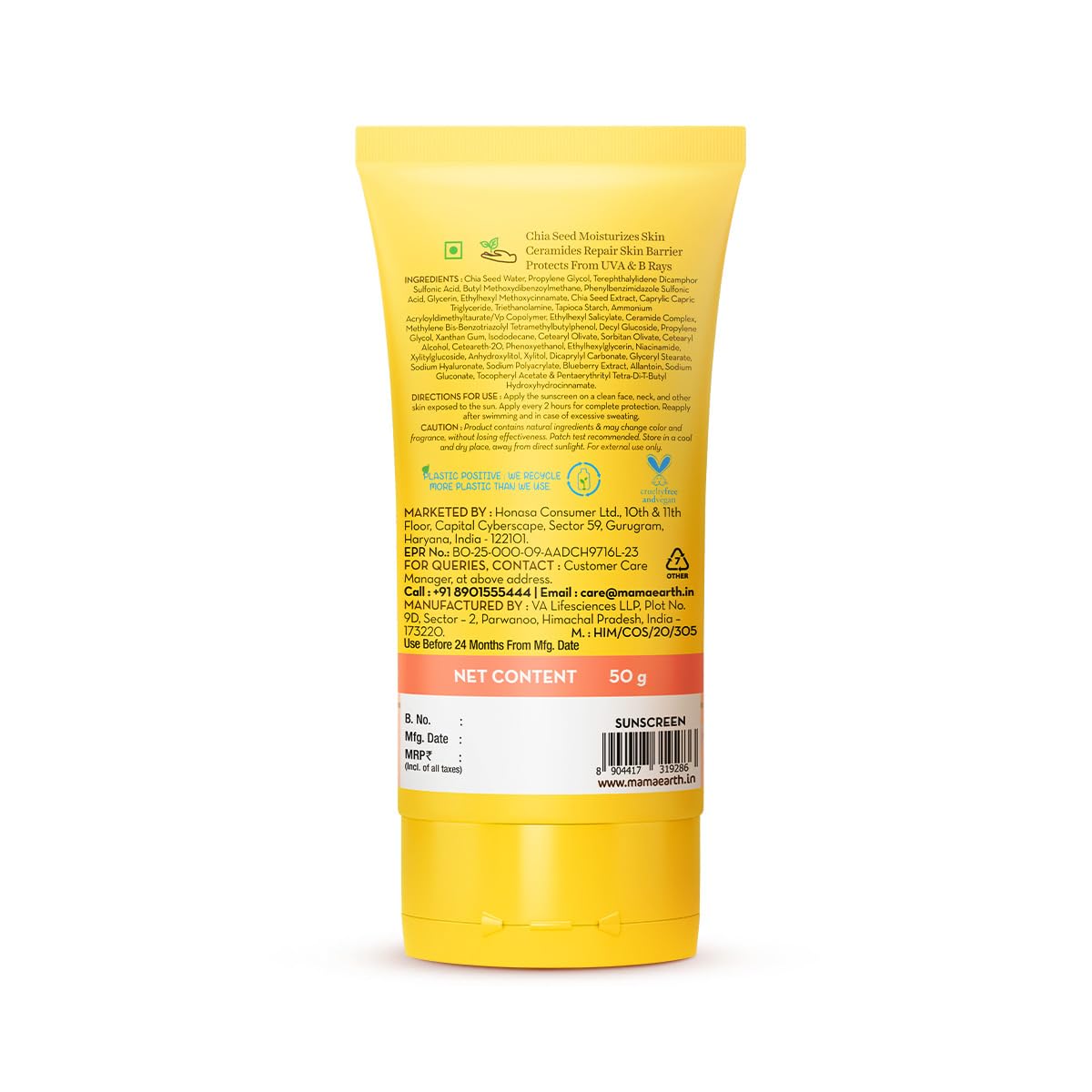 Mamaearth Chia Calming Sunscreen with Chia Seed & Ceramides for Hydrated Glow & Sun Protection | SPF 50 PA++++ | Co-Created With Top Dermats | For Dry to Normal, Sensitive Skin | Healthy Skin Barrier | In-Vivo tested | 50 g