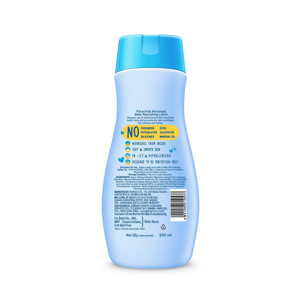 Parachute Advansed Baby Lotion for New Born Babies|Doctor Certified|Virgin Coconut Oil & Coconut Milk|Ph 5.5|24 Hour Moisturization|200Ml, Blue