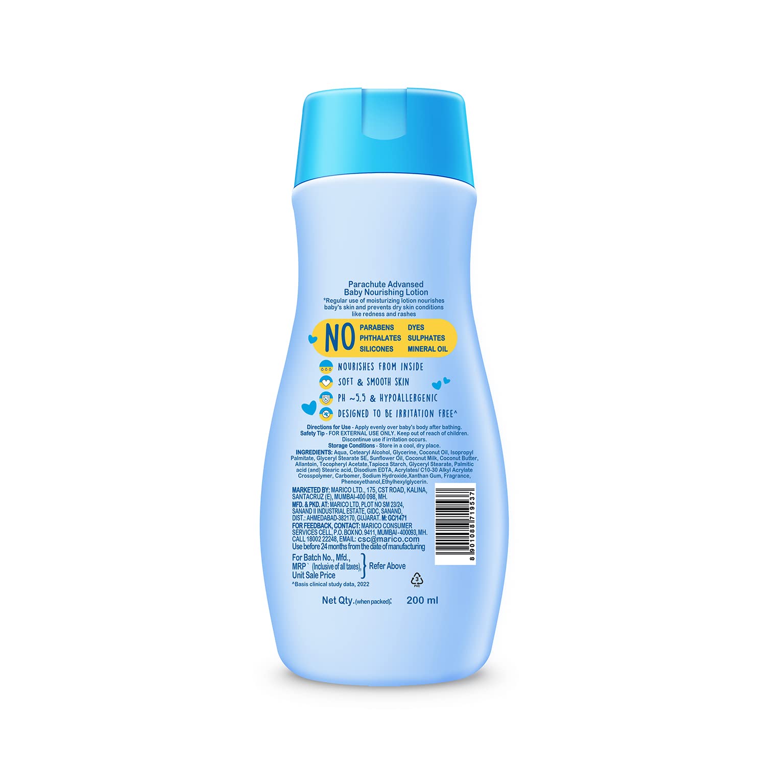 Parachute Advansed Baby Lotion for New Born Babies|Doctor Certified|Virgin Coconut Oil & Coconut Milk|Ph 5.5|24 Hour Moisturization|200Ml, Blue