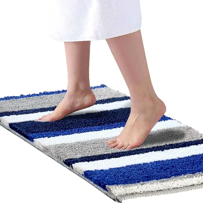 Roseate Luxury Soft Microfibre Striped Bath Mat Bedroom Kitchen Door Mat Floor Mat | 40x60 cm | Blue Colour