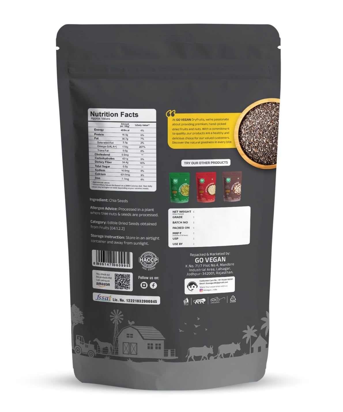 Go Vegan Chia Seeds 250g I Seeds for Eating | Seeds for Weight Management | Rich in Protein & Fibre