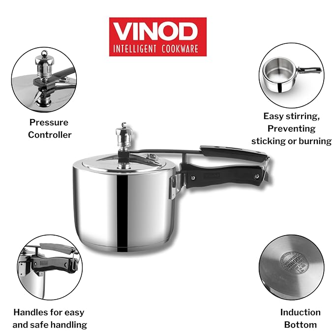 Vinod Stainless Steel Inner Lid Pressure Cooker - 2 Litres | Sandwich Bottom Cooker | Induction and Gas Base