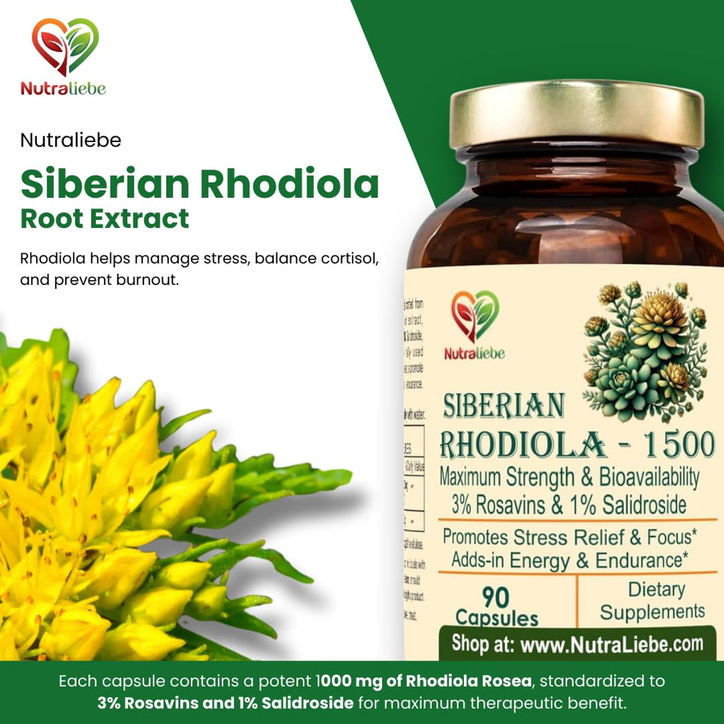 Nutraliebe Rhodiola Rosea 1000 mg â€“ 3% Rosavins & 1% Salidroside â€“ Adaptogenic Stress & Focus Support â€“ Siberian Root Extract â€“ 90 Capsules