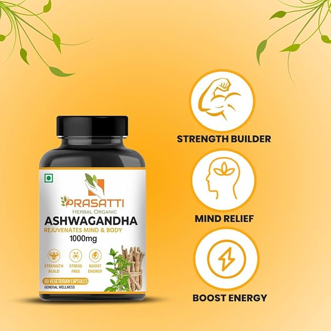 Prasatti Herbal Organic Plant Based Ashwagandha Supplements 1000mg With Ashwagandha Roots Extract - 60 Veg Capsules
