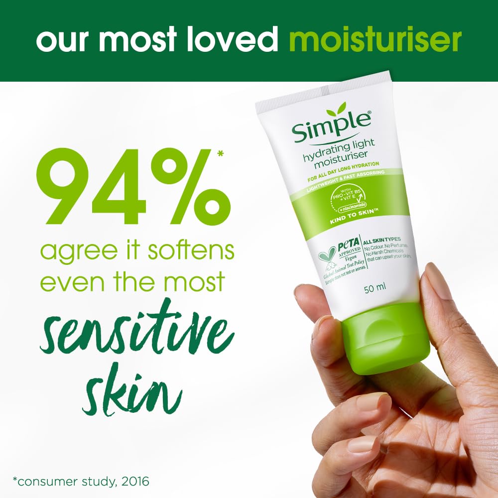 Simple Hydrating Light Moisturiser, 50ml | 12hr Hydration | With Niacinamide, Pro-Vitamin B5, Glycerin & Borage Seed Oil | Lightweight, Non-Greasy Formula | For Soft, Smooth Skin