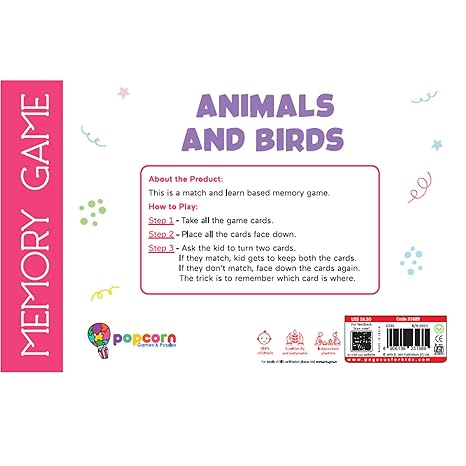 Popcorn Games Memory Game Animal and Birds Early Learner Matching Picture Card Game with Animal and Birds