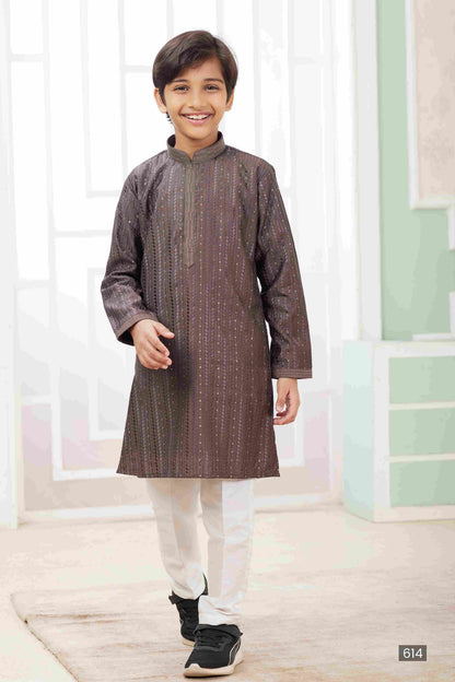 Raivat Ethnic Art Silk Embroidery Work Kids Kurta Pajama In Brown Colour