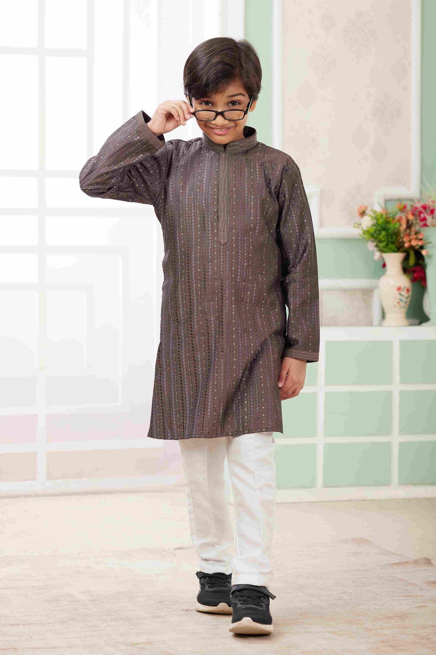 Raivat Ethnic Art Silk Embroidery Work Kids Kurta Pajama In Brown Colour