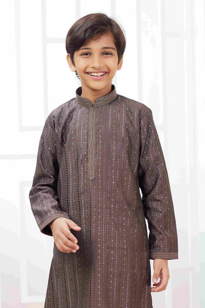 Raivat Ethnic Art Silk Embroidery Work Kids Kurta Pajama In Brown Colour