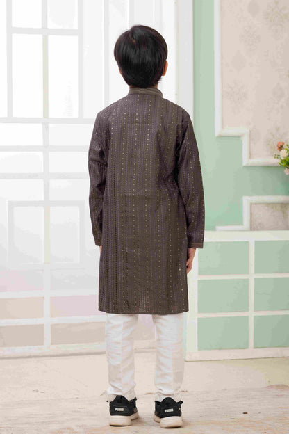 Raivat Ethnic Art Silk Embroidery Work Kids Kurta Pajama In Brown Colour