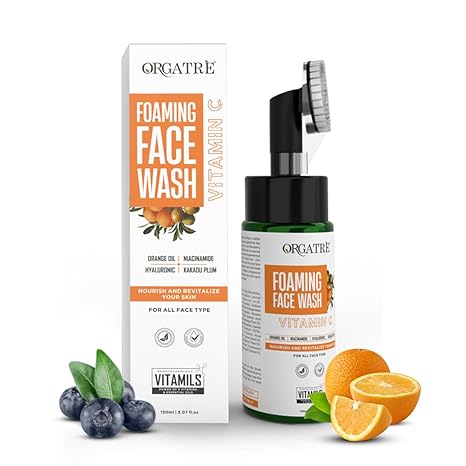 Orgatre Vitamin C Foaming Face Wash with Built-in Silicon Brush For Women & Men - 150 ml