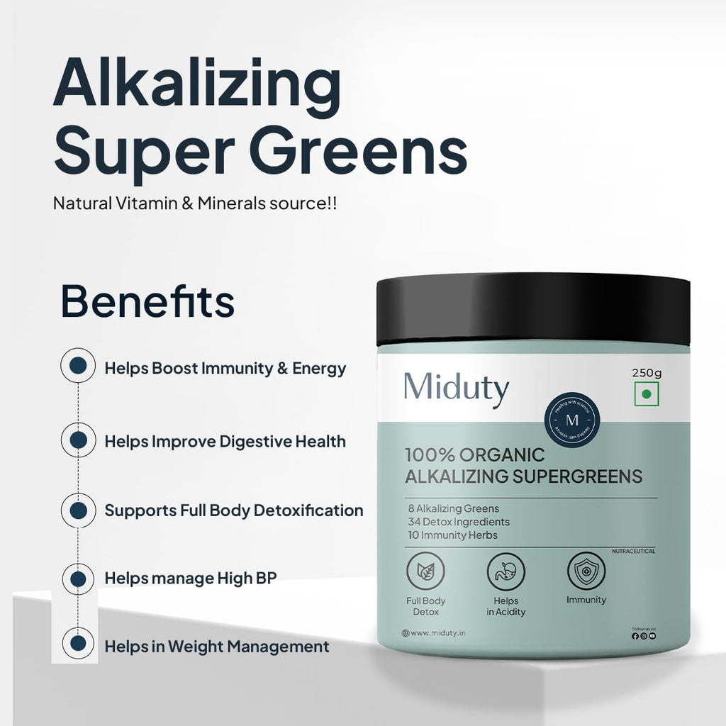 Miduty Palak Notes 100% Organic Super Greens Powder Alkalizing with Wheat Grass, Spirulina, Green Tea, and Moringa Leaves - Ultimate Body Detox & Weight Loss Support - 250 grams