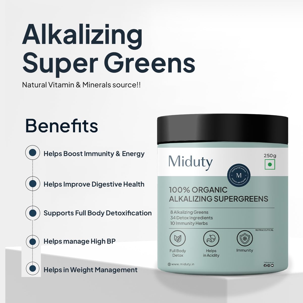 Miduty Palak Notes 100% Organic Super Greens Powder Alkalizing with Wheat Grass, Spirulina, Green Tea, and Moringa Leaves - Ultimate Body Detox & Weight Loss Support - 250 grams