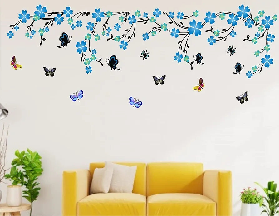 Heaven Decors Nature Blue Flower with Vine and Butterfly Sticker Wall Multicolour