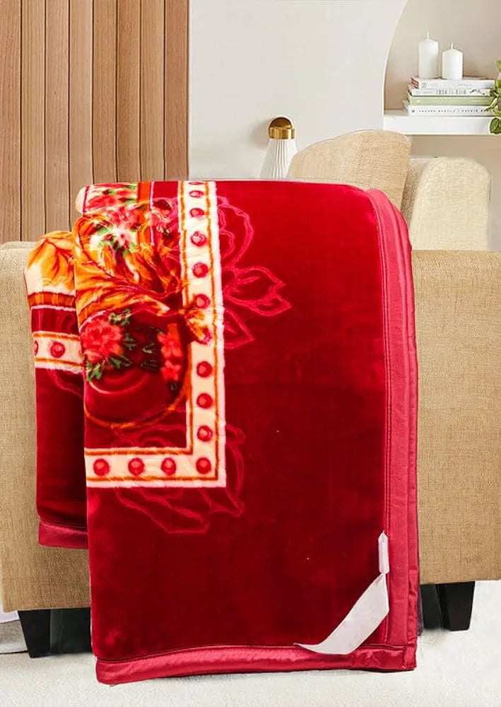 Homekart Super Soft Cloudy Printed Double Bed Blanket for Heavy Winter Single Ply Mink Blanket King Size TC 400 Red and Beige
