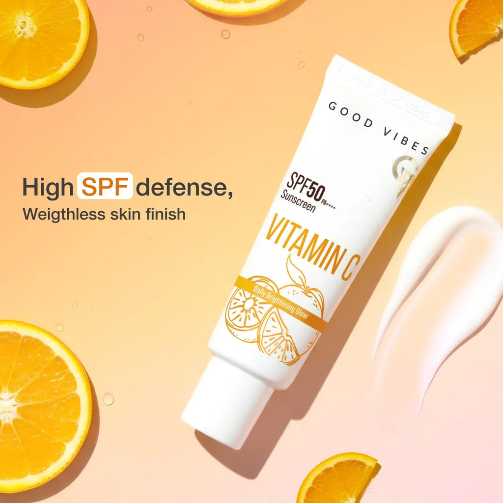 Good Vibes Vitamin C SPF 50 PA++++ Sunscreen | Brightening & Hydrating | 3% Niacinamide + Hyaluronic Acid | No White Cast, Lightweight & Non-Sticky | Daily Glow Sun Protection For All Skin Types â€“ 50 gm