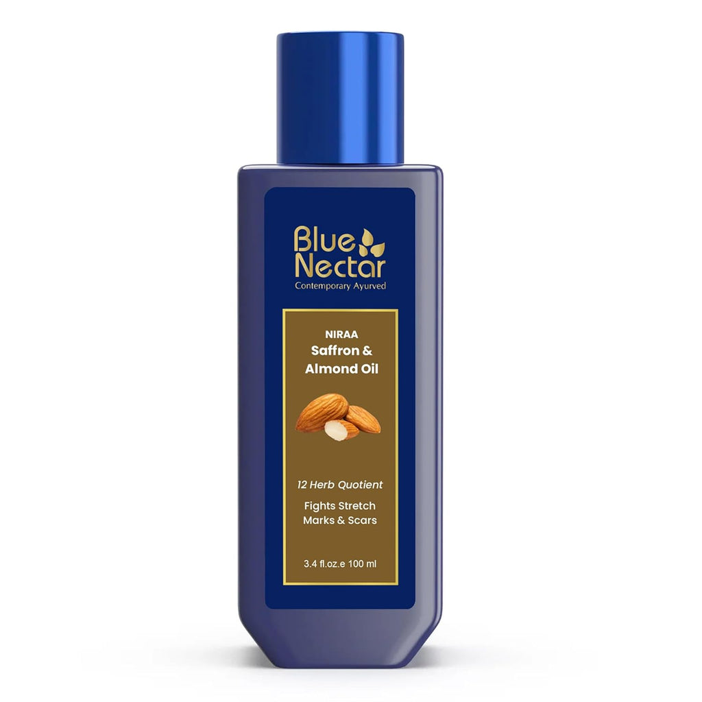 Blue Nectar Saffron & Almond Oil for Stretch Marks for Pregnant Women | Visibly Reduces Marks, Hydrates Skin & Improves Elasticity | 100% Natural & Safe (12 Herbs, 100ml)