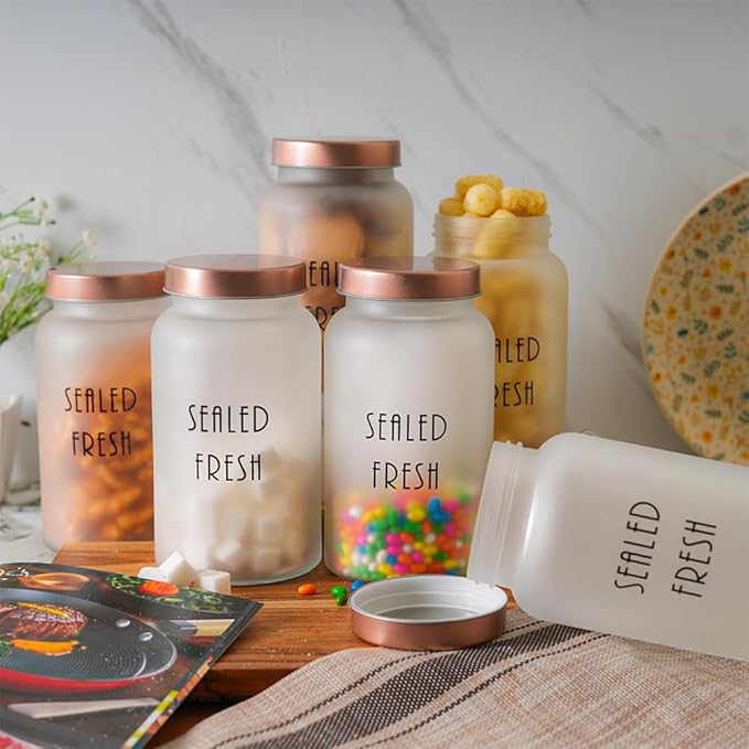 Femora Kitchen Storage Jars Frosted Glass Jar With Steel Lid Air Tight Jar, 1500 Ml | Pack of 4 | Golden Lid