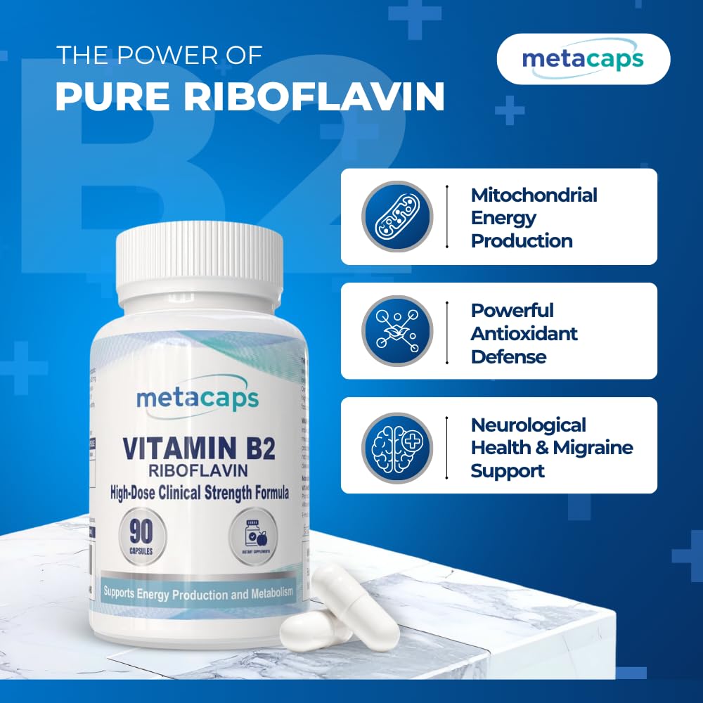 MetaCaps Vitamin B2 Riboflavin– 90 Veg Capsules | High-Potency Metabolic Spark for Energy & Mitochondrial Support | Promotes Neurological Health & Vision