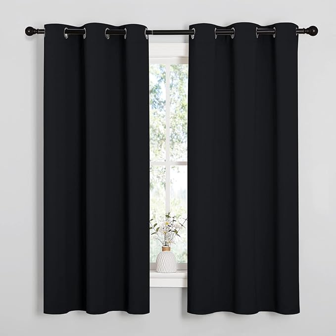 Loomlyfe Black Solid Thermal Insulated Grommet Blackout Curtains for Window | 5 Feet | Set of 2 | Black