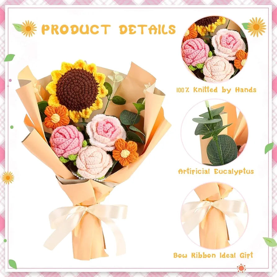 Fabric Handmade Crochet Flowers Bouquet Sunflowers & Roses