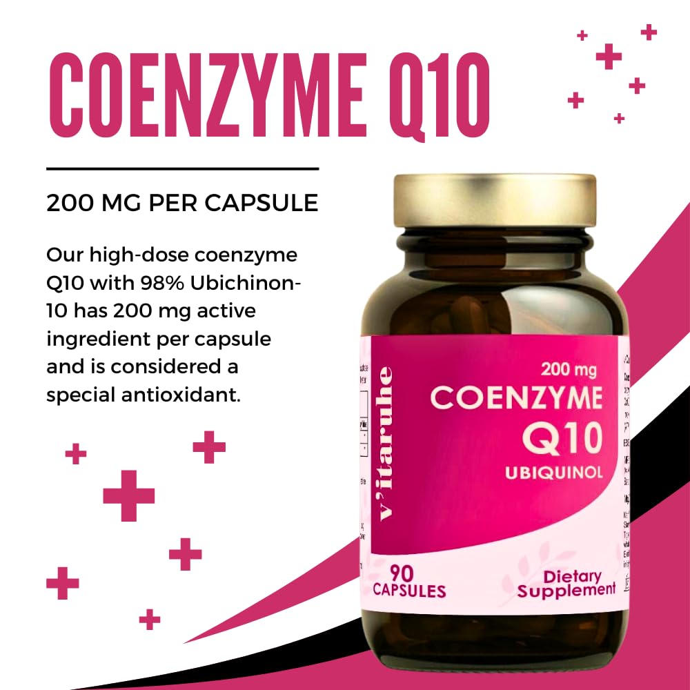 VITARUHE® Coenzyme Q10 200 mg per Capsule, Vegan, 90 Capsules for 3 Months, Best Bio-Availability, Premium Product, With BioPerine