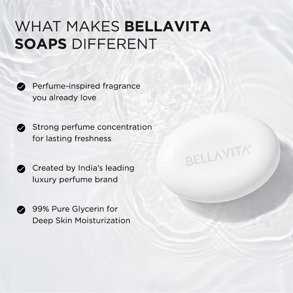 BELLAVITA White Oud Perfume Bathing Soap | Moisturising Skin | 99% Glycerin | Intense Freshness | Long-Lasting Fragrance | Paraben-Free | Mineral Oil-Free | Pack of 3 | 300g