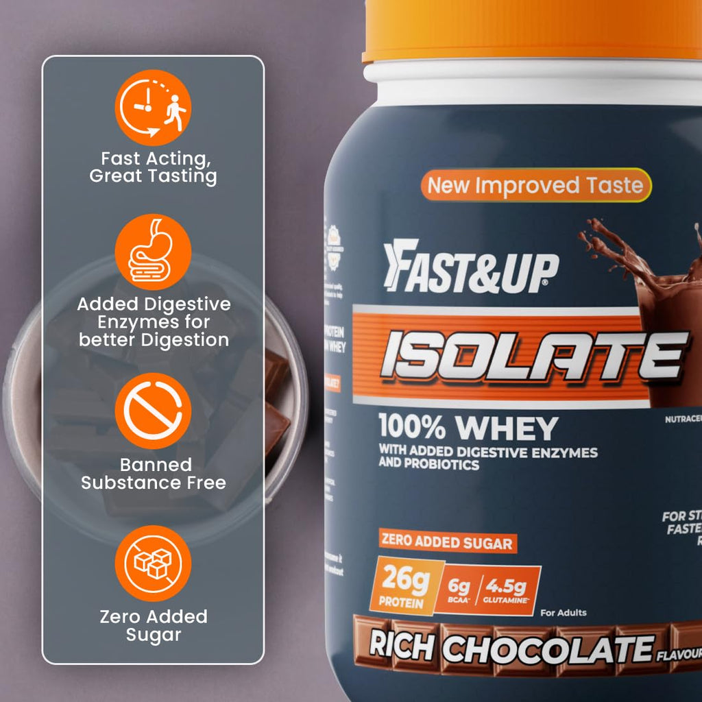 Fast&Up 100% Pure European Whey Protein Isolate, Ultralow Carbs | 30 Servings | 26g Protein per serve | Low Lactose & Gluten Free | Fast Acting, No Bloating - Rich Chocolate Flavour