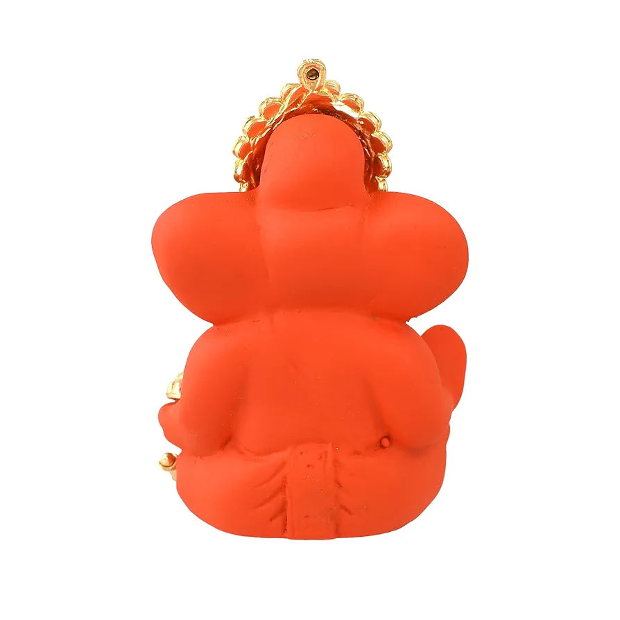 CraftVatika Ganesh Idol Murti Statue for Car Dashboard Ceramic Terracotta Gold Plated Orange