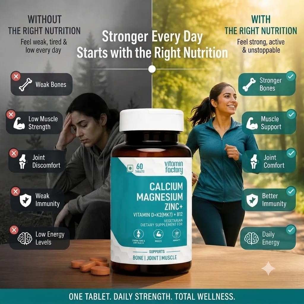 The Vitamin Factory Vitamin Factory Calcium Magnesium Zinc Tablets D3 K2 B12 | 60 Veg Tabs | 1000mg Calcium Citrate, gentle on stomach; bone, joint & muscle support for women & men; vegetarian, D3 K2 B12