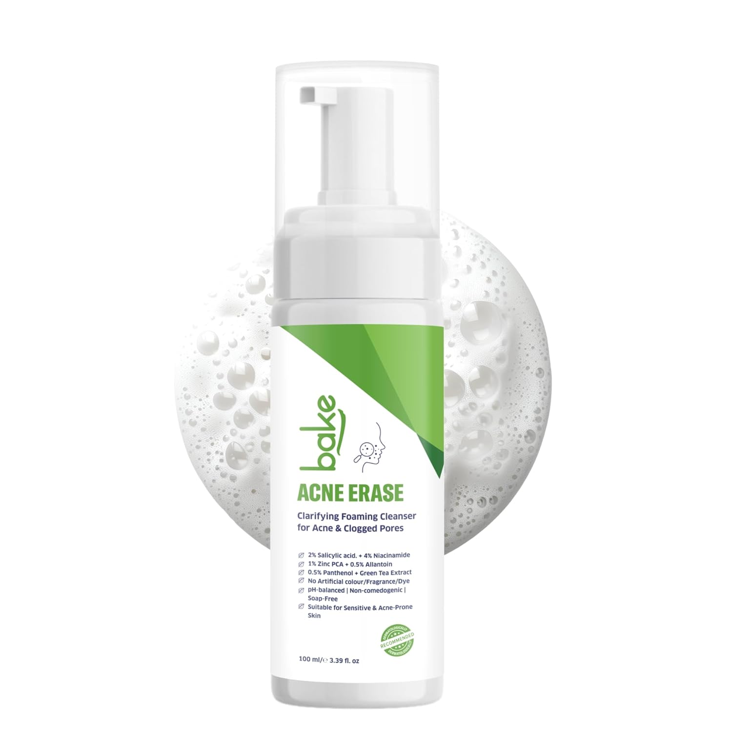 BAKE Acne Erase Foaming Face Wash with 2% Salicylic Acid & Niacinamide | Oil Control, Unclogs Pores, Clears Acne & Blemishes | Gentle Foaming Cleanser for Oily, Acne Prone & Sensitive Skin â€“ 100ml