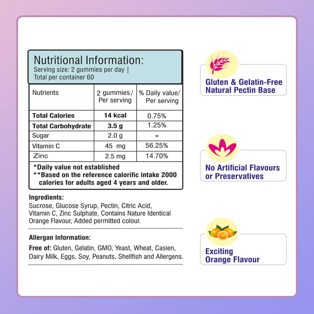 Happi Kidz Zinc Gummies for Kids | Zinc + Vitamin C | 100% Natural | Vegetarian | Supports Brain Function | Promotes Proper Growth | Ages 4 & above | Orange Flavour | 60 Count | Lab tested for purity