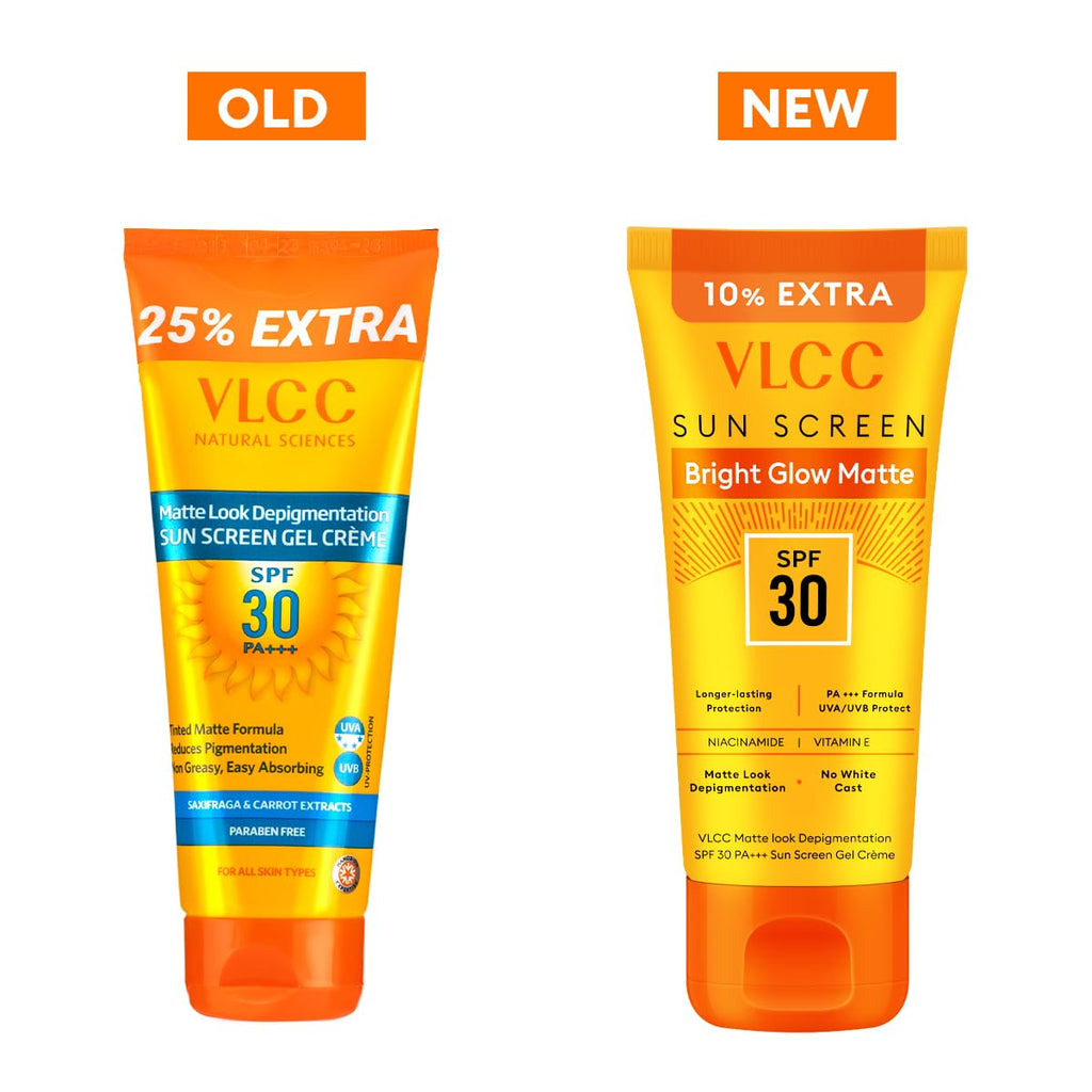 VLCC Bright Glow Matte SPF 30 PA ++ Sunscreen Gel Crème - 100g + 10g Extra - Helps Depigmentation, Non-Greasy Tinted Matte Formula with Broad Spectrum Protection