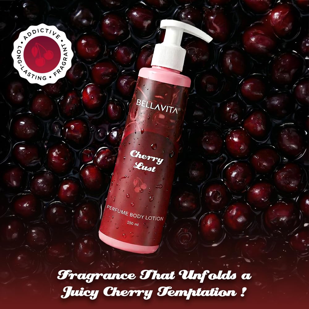 BELLAVITA Cherry Lust | Perfume Body Lotion for Man and Woman | Long-lasting Hydration | Soft & Smooth Skin | Long-lasting Scent | Paraben-free | Infused with Cocoa Butter & Glycerin | 250ml