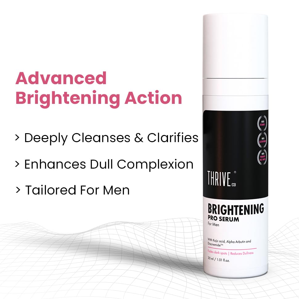 ThriveCo Brightening Pro Serum for Men | Kojic acid, Vitamin C & Diacnemideâ„¢ | Skin Brightening, Acne Control & Boosts Hydration | Fades dark spots & Reducess Dullness | For All Skin Types | 30ml