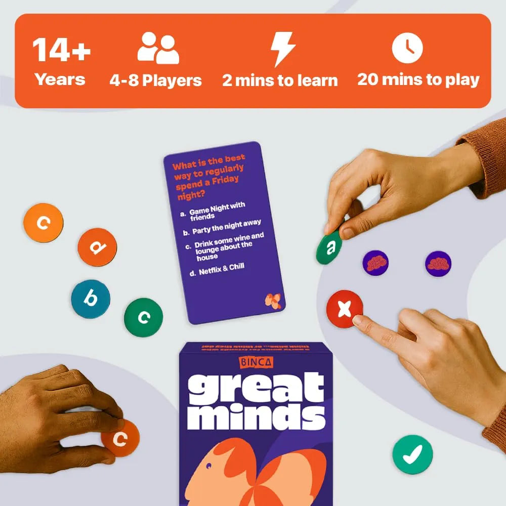 Binca Card Game - Great Minds, Hilarious Mind-Matching Party Game for Teens, Adults & Families, Perfect for Parties, Gamenights, Trips & Get-Togethers, Gifts for Game Lovers, 4-8 Players