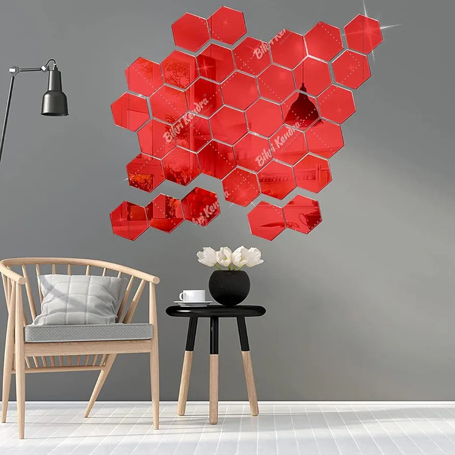 Bikri Kendra Hexagon 20 Red Stickers for Wall Acrylic Mirror Mirror Wall Decor Sticker