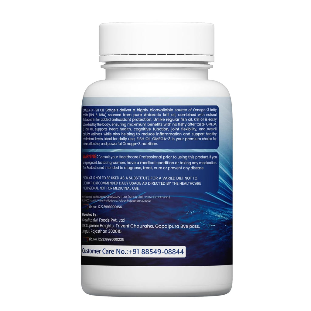Growfitz Omega 3 Fish Oil (60 Softgels) | 2800 Mg | 10X Strength for Men & Women | No Fishy Burps | Supports Heart, Brain, Joints, Skin | With EPA+, Vitamin D3 & Vitamin E | Omega3 Fishoil Supplement
