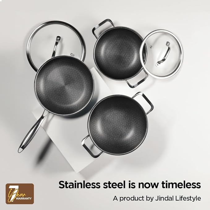 Arttdinox Stellar Triply Stainless Steel Kadhai With Lid | Non Stick Kadai | 24cm | 2.7ltrs | Silver