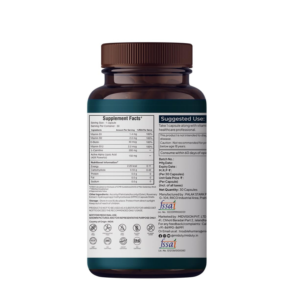 Miduty by Palak Notes Nerve Pain Relief Nerve Damage for Nerve Blocks, Acetyl L-Carnitine, R-Lipoic Acid, Horse Chestnut, Combats Sciatica Pain & Tingling Sensation, Nerve Pain Relief Pack - 30 Caps